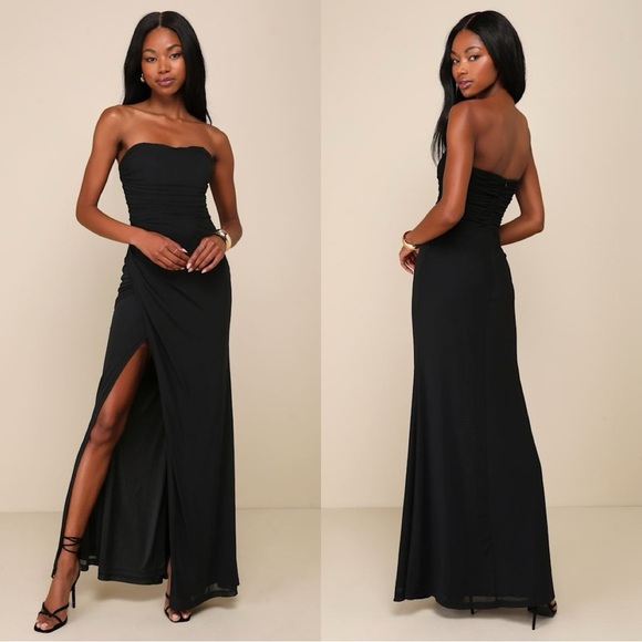 NWOT Lulus Epitome of Allure Black Mesh Strapless Ruched Maxi Dress‎ - Picture 1 of 9